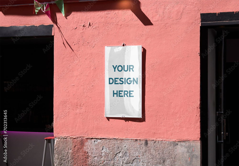 Mockup of customizable sign on pink wall Stock Template | Adobe Stock