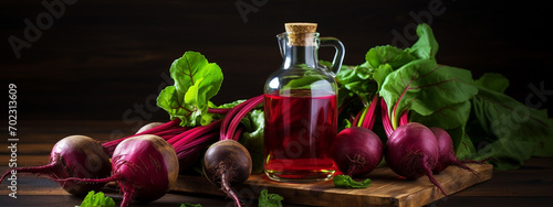 bottle, jars of beet essential oil extract photo