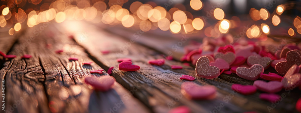 Valentines day themed background with red hearts and bokeh lights