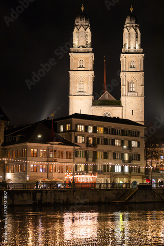 Zurich s cathedral Grossm  nster at night  christmas time