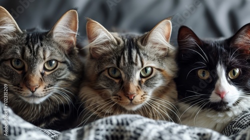 three of lovely tabby cats of different breeds laying side by side