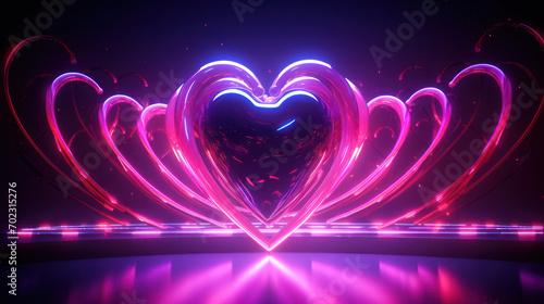 Valentines Day Love heart, neon light, decor, bright light, romantic. Digital art. 3D photo