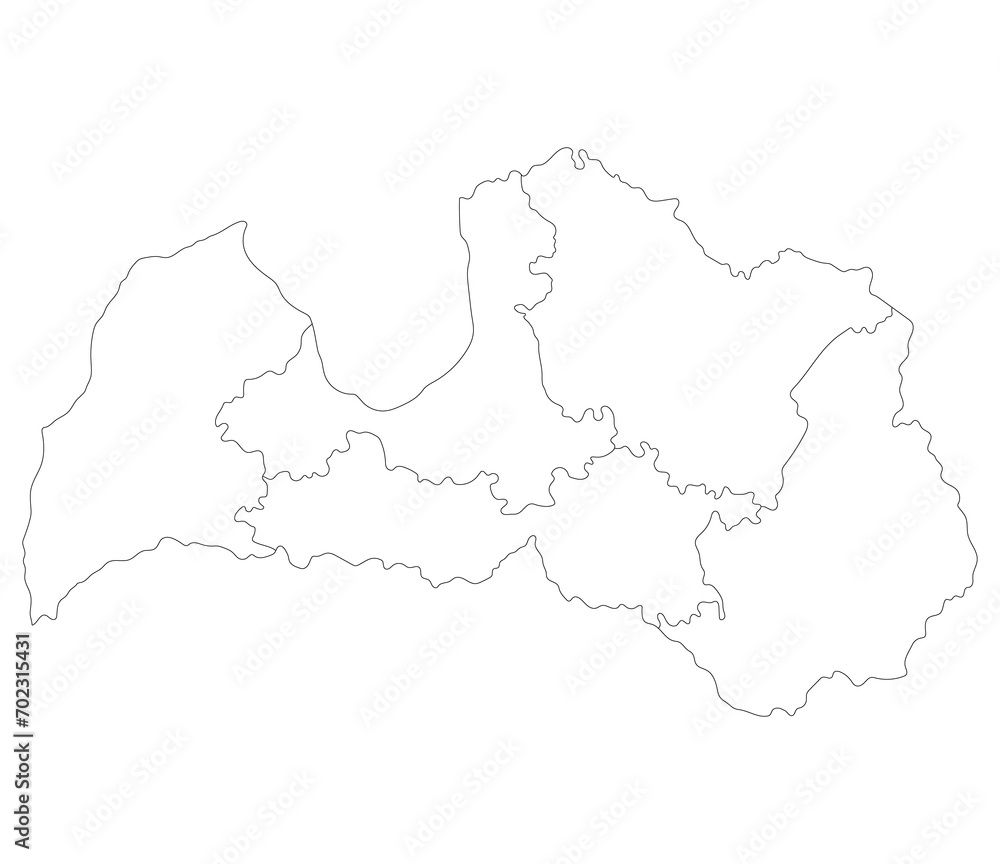 Latvia map. Map of Latvia divided into five main regions in white color
