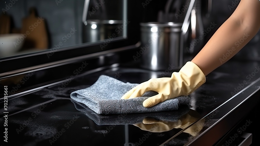 Cleaning Kitchen Stove: Hand in Glove with Napkin on Glass-Ceramic Surface