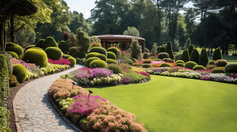 Summer Botanical Garden: Green Lawns, Flowering Bushes, Cobblestone Path