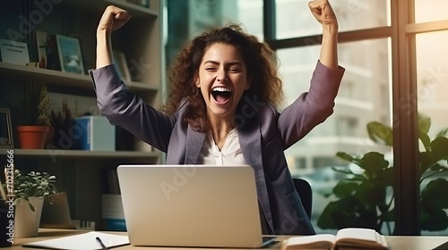 Successful Project Celebration: Joyful Woman in Home Office Portrait