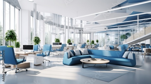 Spacious Open Office  Bright Interior in White and Blue Colors