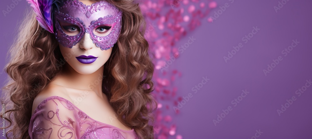 Obraz premium Captivating woman in carnival mask on vibrant background with copy space for text placement