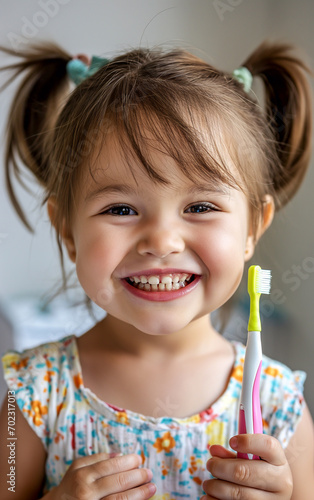 Little child girl smiles and holds a toothbrush in his hand