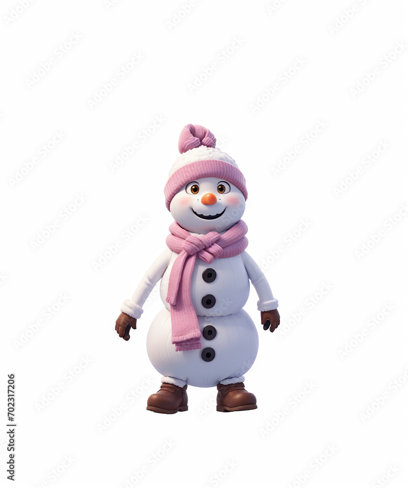 cute snowman with a pink striped scarf in brown boots and gloves