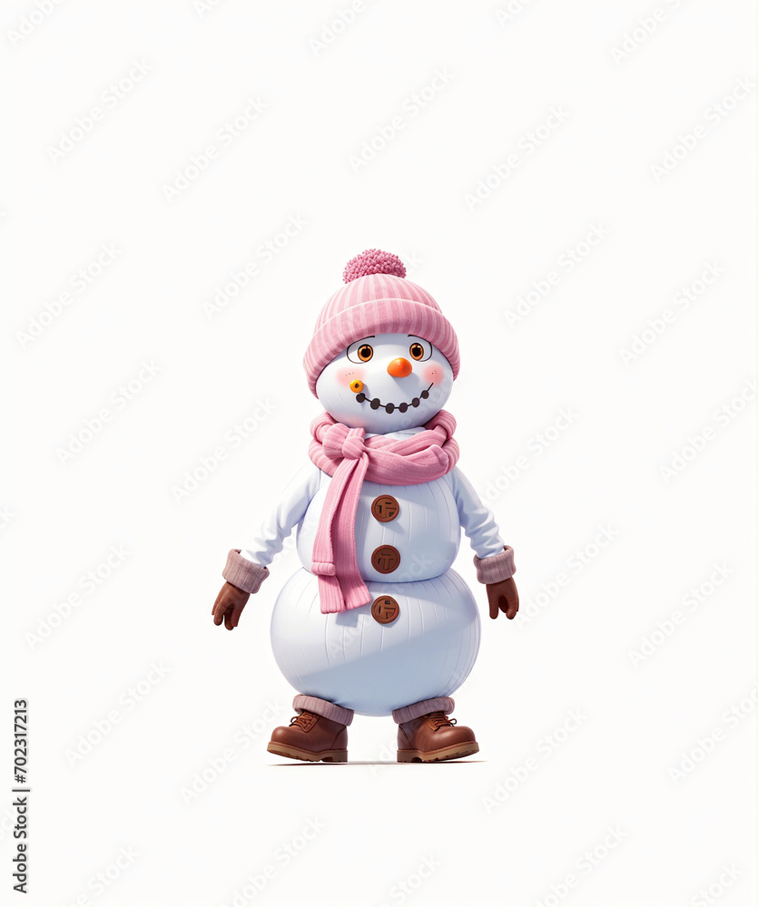 cute snowman with a pink striped scarf in brown boots and gloves