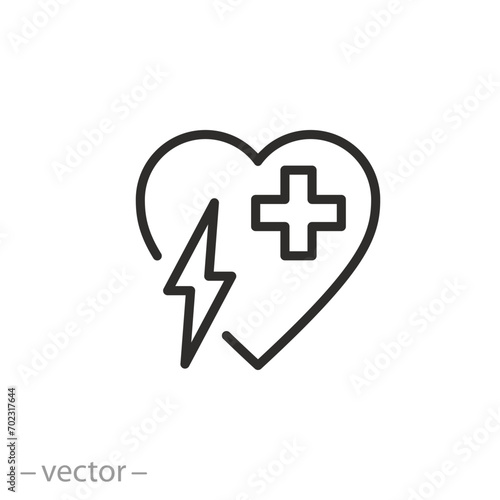 emergency defibrillator icon, medical cross with heart and flash, thin line symbol on white background - editable stroke vector illustration eps10