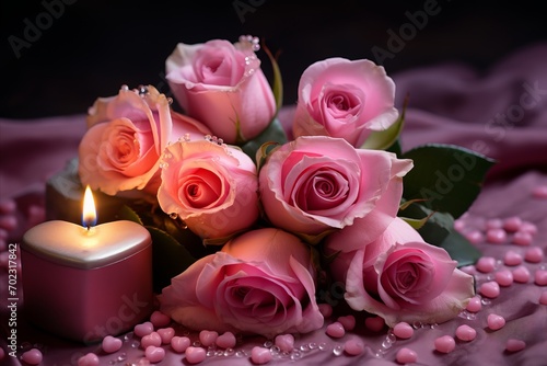 Romantic Valentines Day Bouquet with Beautifully Arranged Roses and a Glowing Candle