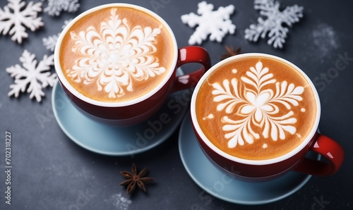 Assortment of coffee mugs with snowflake latte art on background with copy space