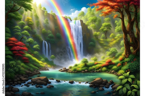  A-remote-waterfall-surrounded-by-lush-foliage-its-cascading-waters-adorned-by-a-vivid-and-ethereal-rainbow landscape-with-rainbow-and-waterfall