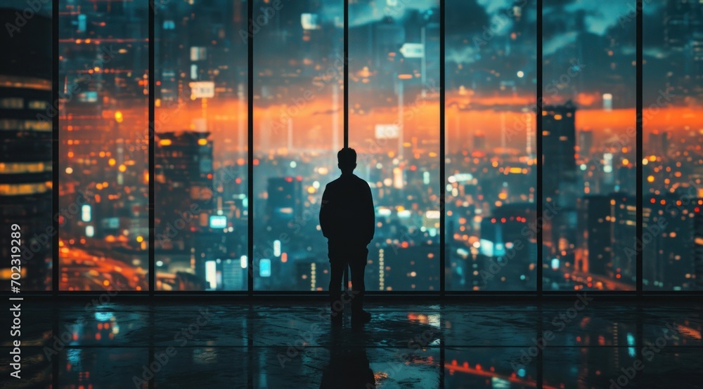 a man looking at large city with a large screen of televisions