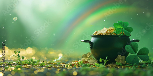 Pot of gold leprechaun, St Patrick's Day holiday concept with rainbow in the background and clover
