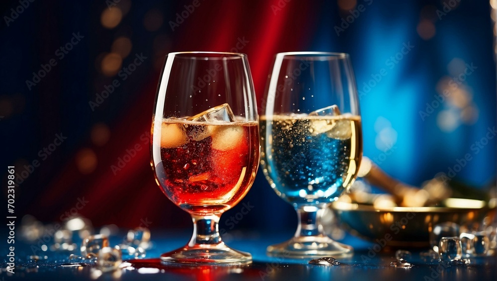  Champagne and ice on a red and blue background 