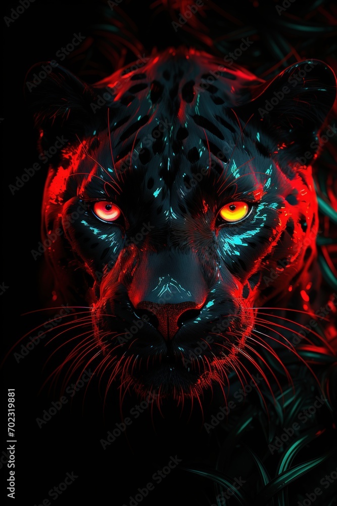Abstract Panther close-up in red Neon lighting, green eyes, 3D, Banner, Album design, notebooks, smartphone background Abstract Panther close-up in red Neon lighting, green eyes, 3D, Banner, Album design, notebooks, smartphone background