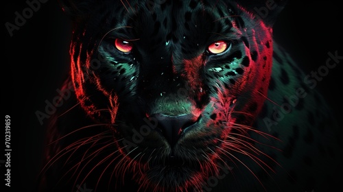 Abstract Panther close-up in red Neon lighting, green eyes, 3D, Banner, Album design, notebooks, smartphone background