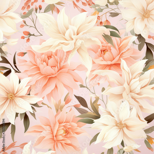 Floral patterns in white  peach  light pink  and light beige colors. Perfect for wallpapers or backgrounds.