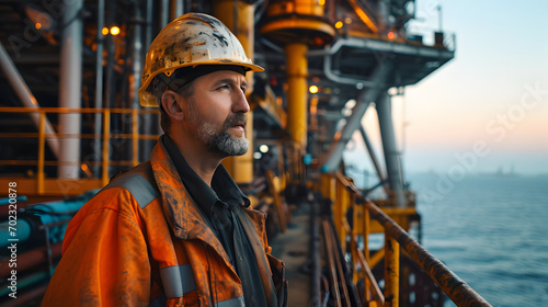 Caucasian industrial worker in the oil tube station at sea