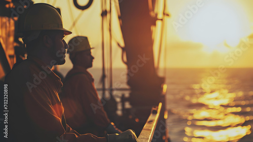 Caucasian industrial workers in the oil tube station at sea during sunset photo