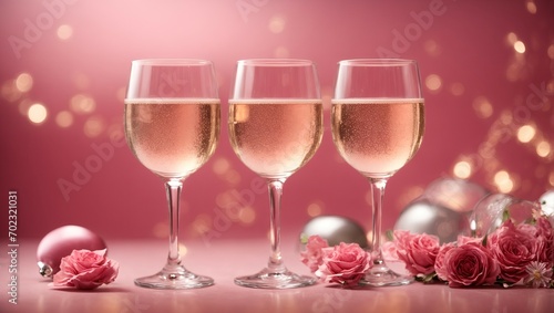  three champagne glasses on a pink background 