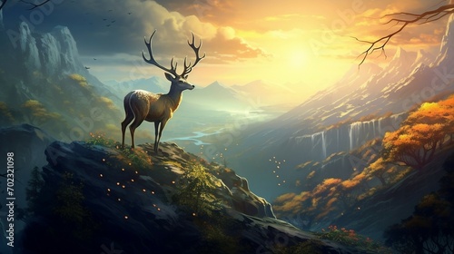 fantastic landscape lone deer fantasy style. dream fairy tale magic art