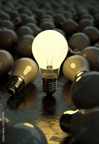 A burning light bulb amongst non-burning light bulb concept ideas