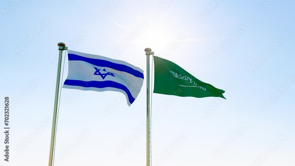 Israel and Saudi Arabia Flags are waving in the spring of the blue sky, looped video. 4K ULTRA HD. Israel and Saudi Arabia Flags are waving in the spring of the blue sky, looped video. 4K ULTRA HD.