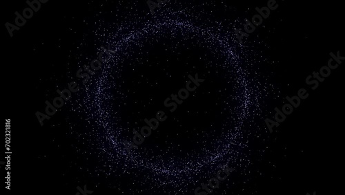 Glowing ring of blue particles on dark background. Abstract round object animation use vertically and horizontally. 