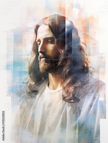 Jesus portrait in style of collage, vertical wall art poster  photo