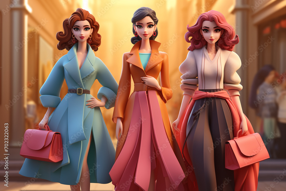 girls dressed in stylish clothes. Fashionable women at Fashion Week. female cartoon characters dressed in fashionable clothes. colorful 3D illustration
