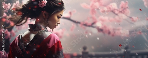 geisha celebrating cherry blossom festival, beautiful action shot, splash, bokeh environment, spring banner 