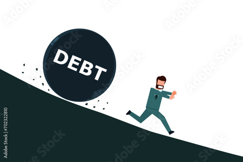 Businessman running away from debt that is rolling down to him.  Being in debt causes fear and suspicion. Business debt concept. Vector illustration flat design style
