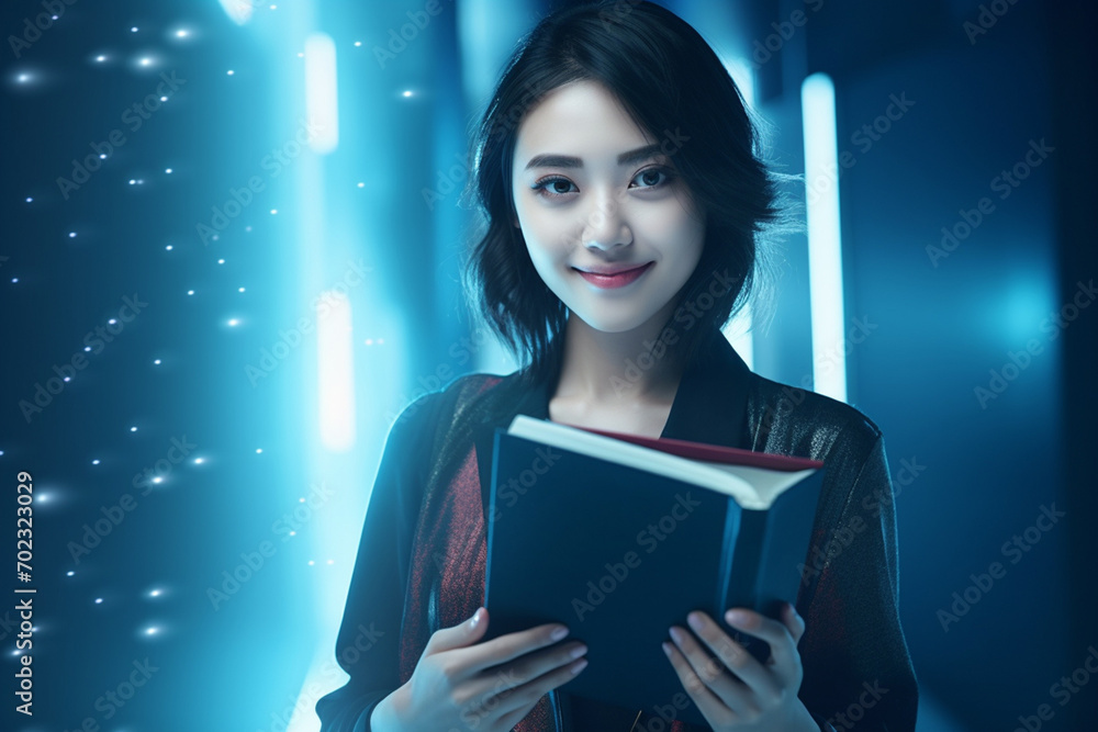 the magical allure of an Asian girl smiling in front of a sorcery book, surrounded by an illusionary fantasy with a captivating blue glow. Generative AI. the magical allure of an Asian girl smiling in front of a sorcery book, surrounded by an illusionary fantasy with a captivating blue glow. Generative AI.