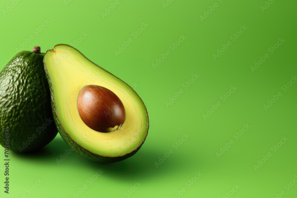 Avocado whole and cut with pit on green background. Copy space for text