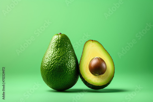 Avocado whole and cut with pit on green background