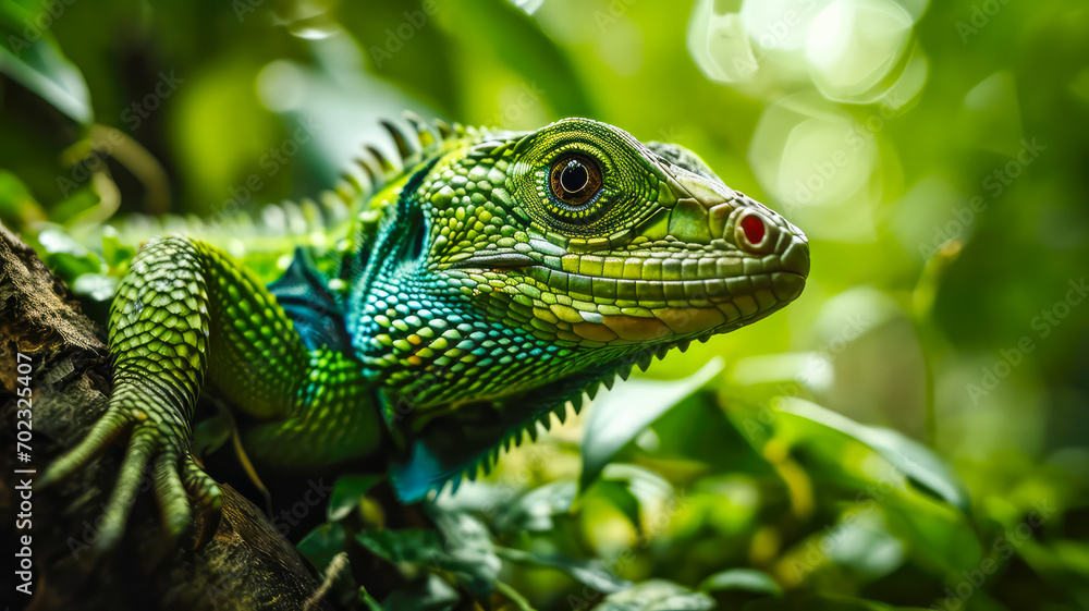 Ein smaragdgrüner Leguan, eingebettet in die üppige Kulisse eines tropischen Regenwaldes, wird im Detail festgehalten. Ein smaragdgrüner Leguan, eingebettet in die üppige Kulisse eines tropischen Regenwaldes, wird im Detail festgehalten.