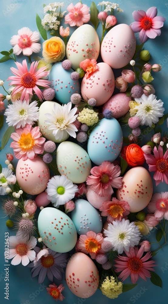 colorful easter eggs with small flowers and grasses, in the style of elaborate fruit arrangements, dreamy color palette colorful easter eggs with small flowers and grasses, in the style of elaborate fruit arrangements, dreamy color palette