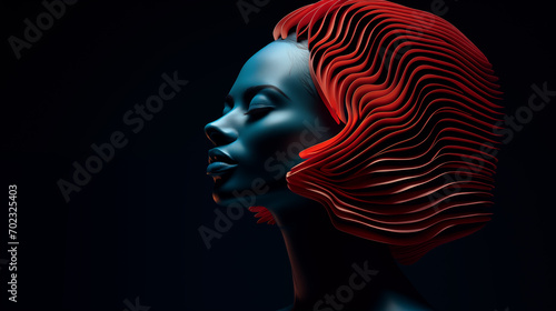 Abstraktes Portrait einer Frau mit roten beleuchteten 3D-Wellen-Formen als Frisur. Profil. Schwarzer Hintergrund. Illustration