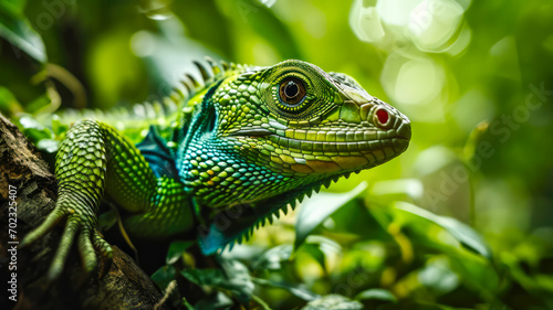 Ein smaragdgrüner Leguan, eingebettet in die üppige Kulisse eines tropischen Regenwaldes, wird im Detail festgehalten. © shokokoart