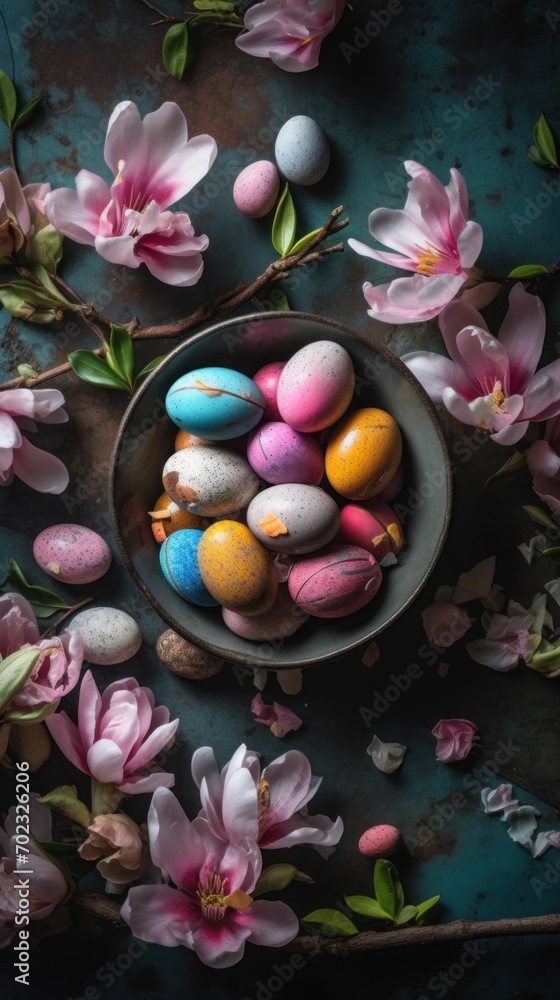 Top View of Easter Eggs and Blooms Top View of Easter Eggs and Blooms