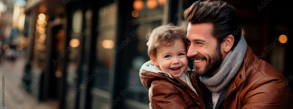 portrait of happy and smiling caucasian father and son on a street
