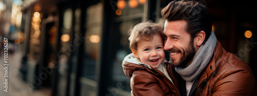 portrait of happy and smiling caucasian father and son on a street © Favio