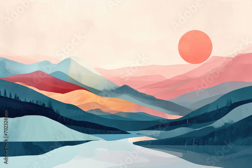 textured calming spring landscape nature with water lake mountains Norway Scandinavia canada park watercolour color block illustration style pastel colours organic background postcard wallpaper 