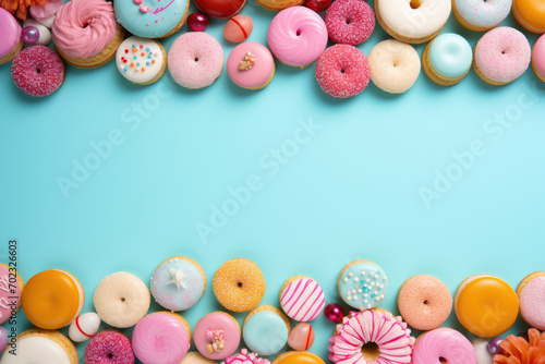 Frame of sweets and colored candies on a blue background. Copy space for text