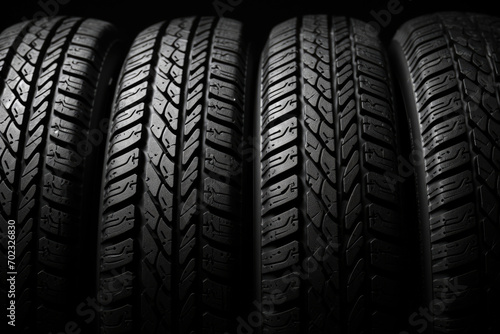 New car tires in a row in a car dealership