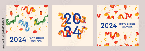 Set of new year greeting cards with asian dragons and lanterns. Chinese new year of the dragon 2024. Vector illustration